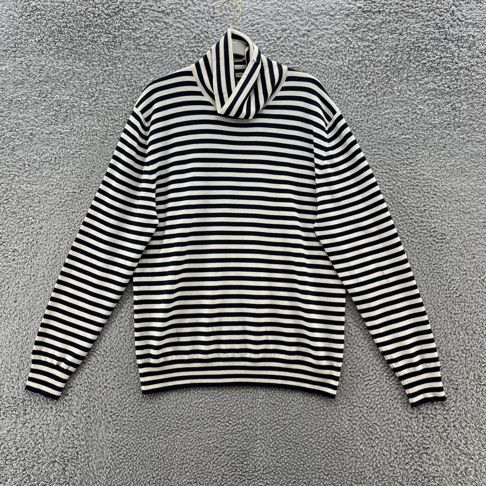 Mr P Sweater Mens 2XL Navy Ecru Merino Wool Stripe Turtleneck Nautical Pullover